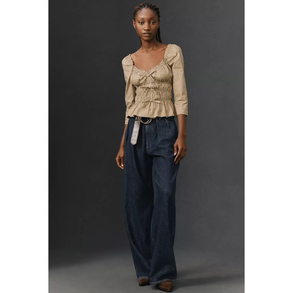 NWT Reformation Lauryn Checkered Quarter Sleeve Bow Top Brown 8 - Picture 17 of 17